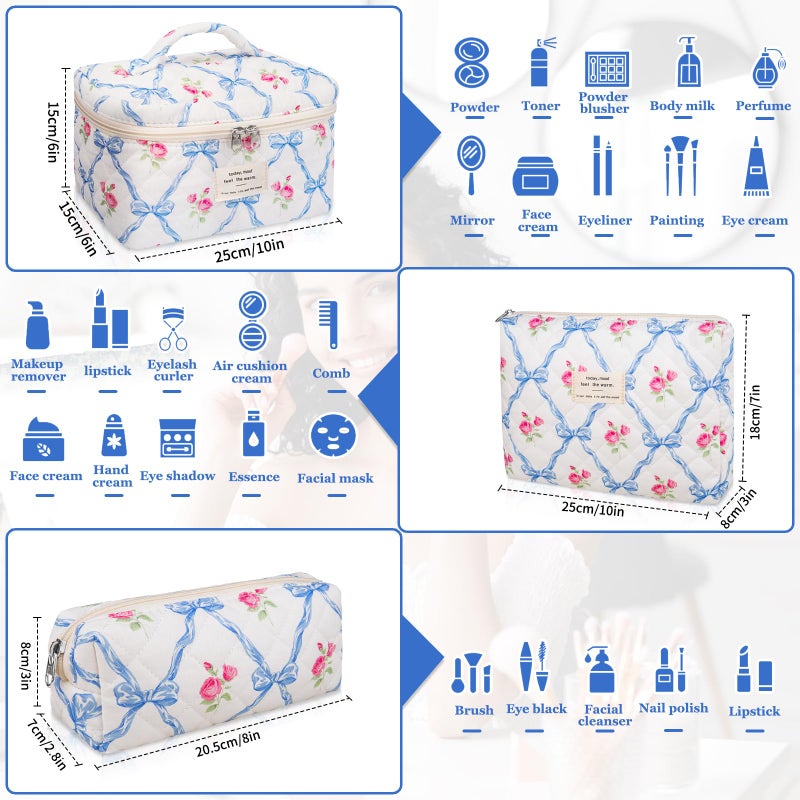 Gosect Makeup Bag Set  Quilted Makeup Bag  Large Floral Cosmetic Bag for Women  Cute Cotton Makeup Bags  Flower Travel Toiletry Organizer Bag (Blue Flower) - Image 2